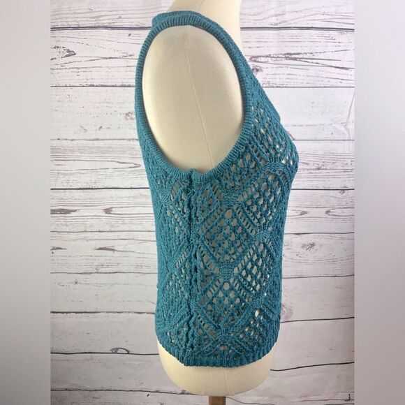 Women’s Teal Sweater Open Knit Tank Blouse - Picture 2 of 6
